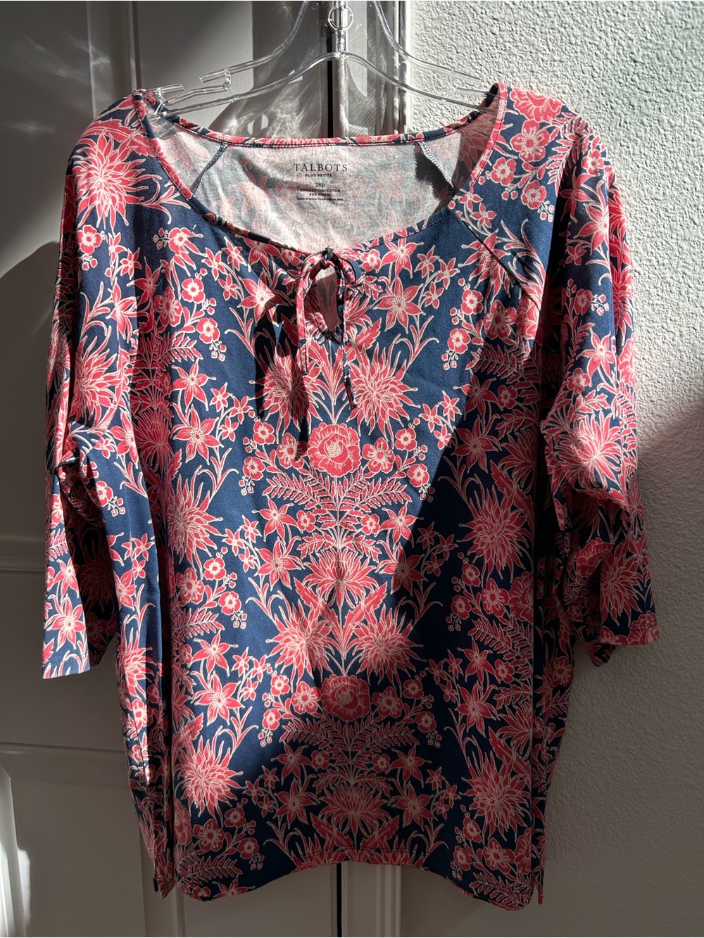Talbots Navy with Pink Floral Tie-Front Tunic